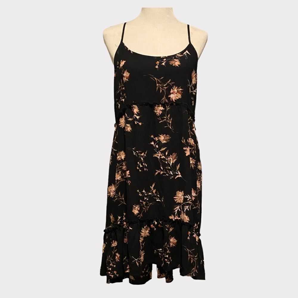 Black Ditsy Floral Cami A Line Bohemian Ruffled Bottom Mini Flowy Sundress